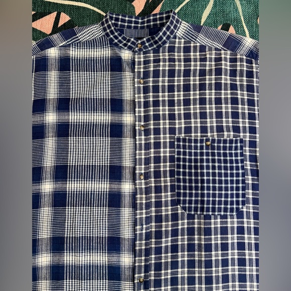 Vintage Santana Collarless Plaid Denim Button Up Shirt - Picture 2 of 11